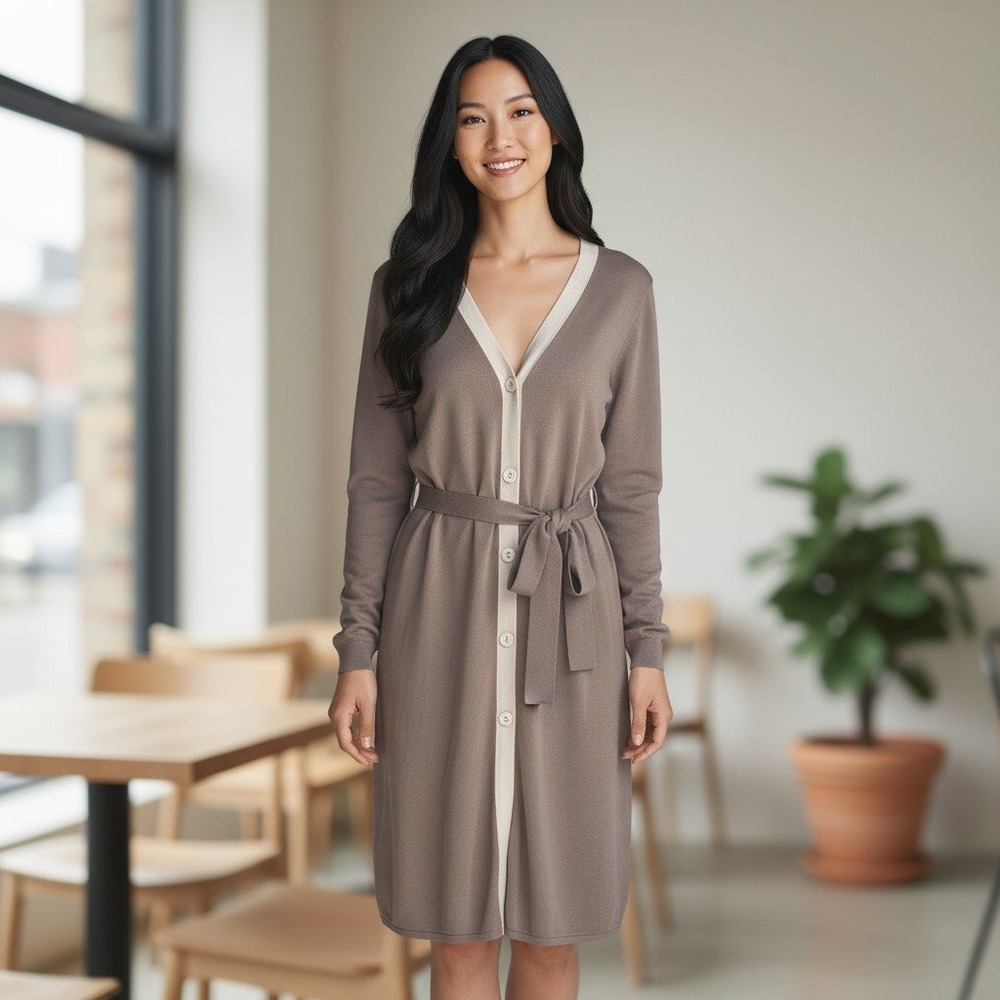 CAbi Genteel Cardigan Sweater Dress Taupe Knit Belted Long Sleeve Midi Large